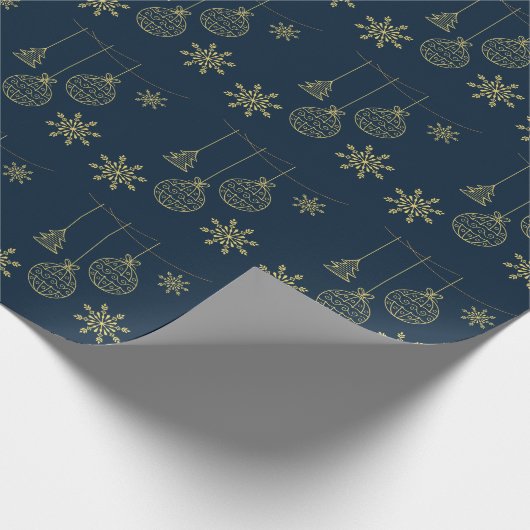 青と金ゴールドのクリスマスオーナメントパターンギフト ラッピングペーパー (角)