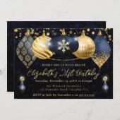 青と金ゴールドのクリスマスボードバースデーパーティー 招待状 (正面/裏面)