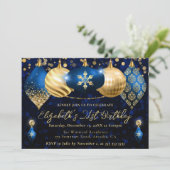 青と金ゴールドのクリスマスボードバースデーパーティー 招待状 (スタンド正面)