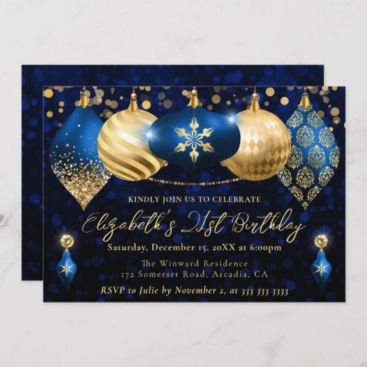 青と金ゴールドのクリスマスボードバースデーパーティー 招待状 (正面/裏面)