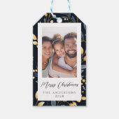 青と金ゴールドのクリスマスリーフの写真 ギフトタグ (正面)