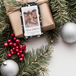 青と金ゴールドのクリスマスリーフの写真 ギフトタグ