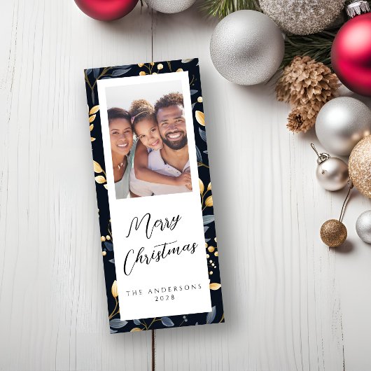 青と金ゴールドのクリスマスリーフの長方形の写真 シーズンカード