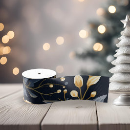 青と金ゴールドのクリスマス離れの グログランリボン