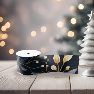 青と金ゴールドのクリスマス離れの グログランリボン