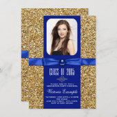 青と金ゴールドのグリッターの卒業発表 招待状 (正面/裏面)