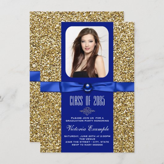 青と金ゴールドのグリッターの卒業発表 招待状 (正面/裏面)