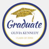 青と金ゴールドのグリッター卒業ハット大学院の名前 ラウンドシール (正面)