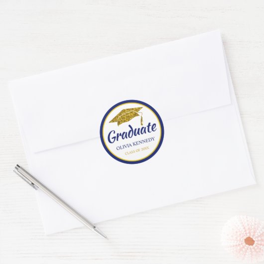青と金ゴールドのグリッター卒業ハット大学院の名前 ラウンドシール (封筒)