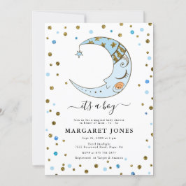 青と金ゴールドのグリッター紙吹雪ムーンベビーシャワー 招待状