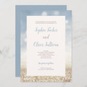 青と金ゴールドのグリッター背景結婚式招待状 招待状 (正面/裏面)