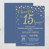 青と金ゴールドのサプライズ15誕生日ダイヤモンド 招待状 (正面/裏面)
