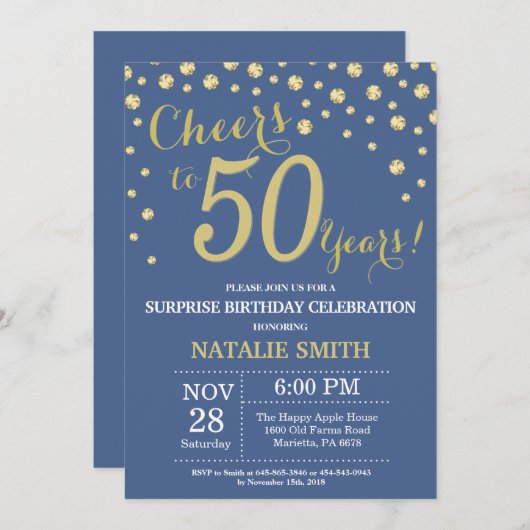 青と金ゴールドのサプライズ50誕生日ダイヤモンド 招待状 (正面/裏面)