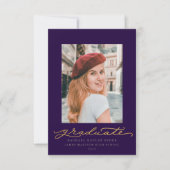 青と金ゴールドのスクリプトの卒業発表 招待状 (正面)