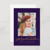 青と金ゴールドのスクリプトの卒業発表 招待状 (正面/裏面)