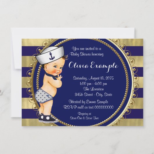 青と金ゴールドのセーラー航海のベビーシャワー 招待状 (裏面)