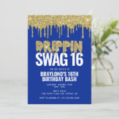 青と金ゴールドのドリピンスワッグ16誕生日 招待状 (スタンド正面)