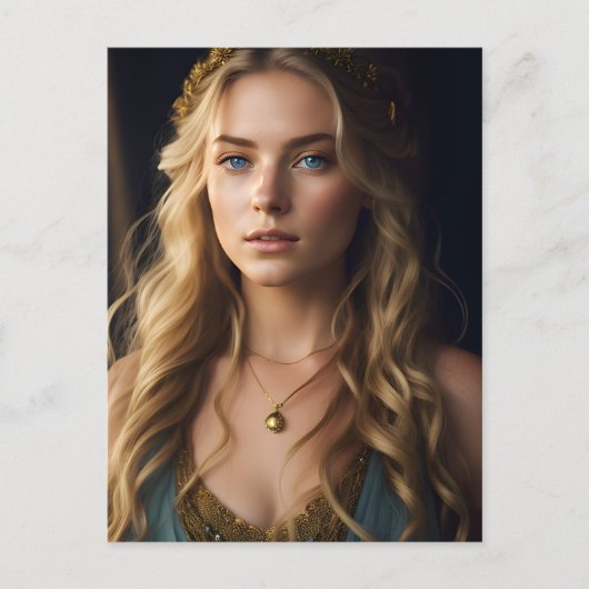 青と金ゴールドのドレスを着た美しいブロンドの女性 ポストカード (正面)