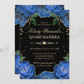 青と金ゴールドのバラフローラキンセアニェラ 招待状 (正面/裏面)
