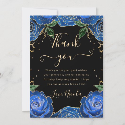 青と金ゴールドのバラフローラ誕生日 サンキューカード (正面)