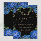 青と金ゴールドのバラフローラ誕生日 サンキューカード (正面/裏面)