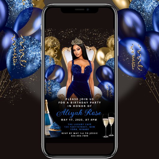 青と金ゴールドのバルーン王室の誕生日招待状 招待状