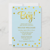 青と金ゴールドのフェイク紙吹雪男の子のシャワー 招待状 (正面)