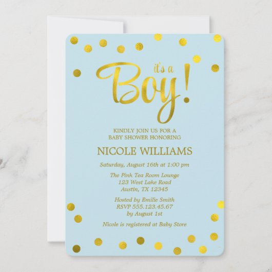 青と金ゴールドのフェイク紙吹雪男の子のシャワー 招待状 (正面)