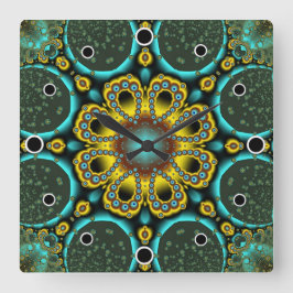 青と金ゴールドのフラクタルフラワー スクエア壁時計