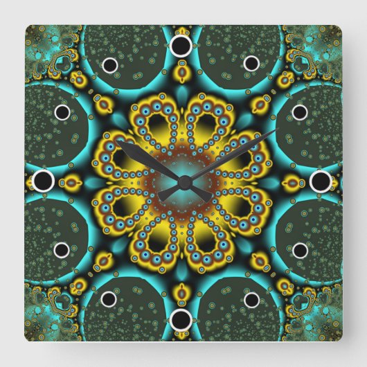 青と金ゴールドのフラクタルフラワー スクエア壁時計 (正面)