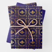 青と金ゴールドのフルーアデリス ラッピングペーパーシート (インサイチュ)