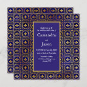 青と金ゴールドのフルーア·デ·リ結婚ス 招待状 (正面/裏面)