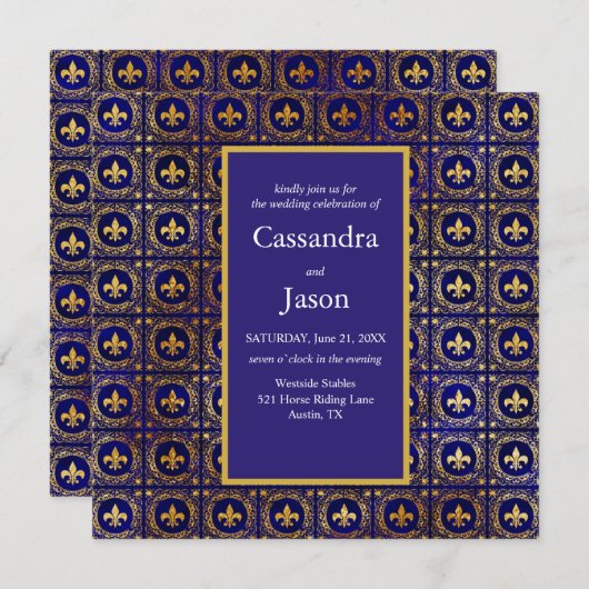 青と金ゴールドのフルーア·デ·リ結婚ス 招待状 (正面/裏面)