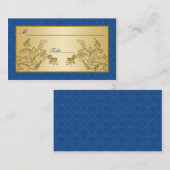 青と金ゴールドのフローラダマスクプレイスカード プレイスカード (正面/裏面)