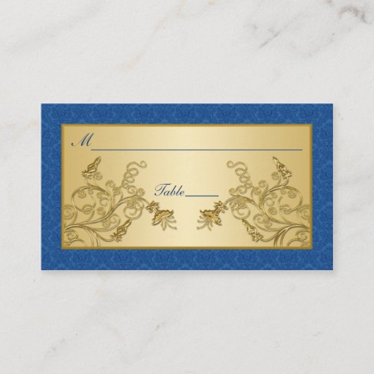 青と金ゴールドのフローラダマスクプレイスカード プレイスカード (正面)