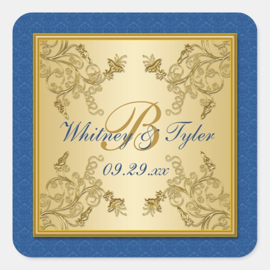 青と金ゴールドのフローラダマスクモノグラムシール スクエアシール (正面)