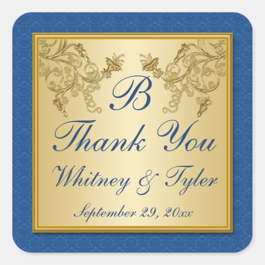 青と金ゴールドのフローラダマスクモノグラムシール スクエアシール (正面)