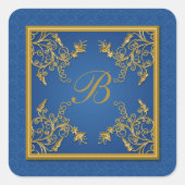 青と金ゴールドのフローラダマスクモノグラムシール スクエアシール (正面)