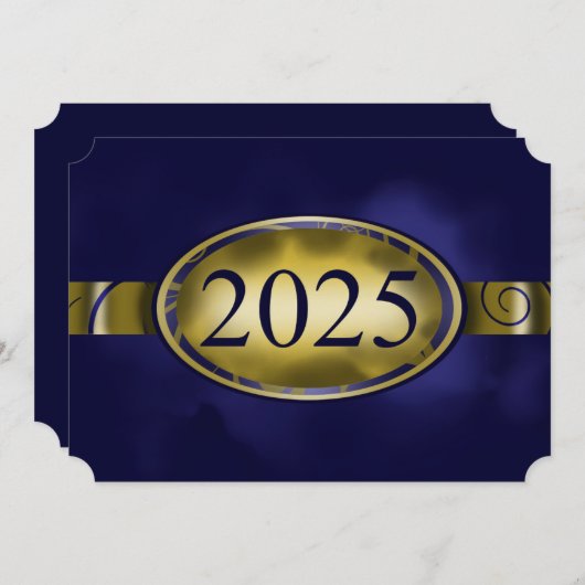 青と金ゴールドのフローラボタン2025卒業パーティー 招待状 (正面/裏面)