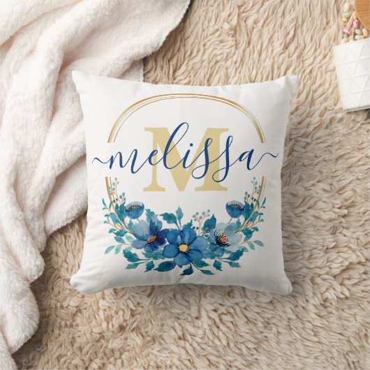 青と金ゴールドのフローラリース パーソナライズされた クッション (ブランケット)