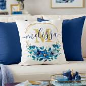 青と金ゴールドのフローラリース パーソナライズされた クッション