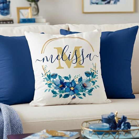 青と金ゴールドのフローラリース パーソナライズされた クッション