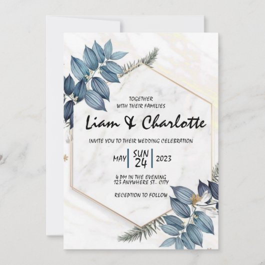 青と金ゴールドのフローラ幾何学的結婚式招待状 招待状 (正面)