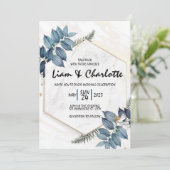 青と金ゴールドのフローラ幾何学的結婚式招待状 招待状 (スタンド正面)