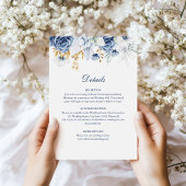 青と金ゴールドのフローラ結婚の詳細カード 招待状