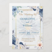 青と金ゴールドのフローラ結婚式招待状2024 招待状 (正面/裏面)