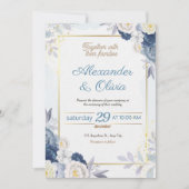 青と金ゴールドのフローラ結婚式招待状 招待状 (正面)