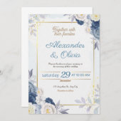 青と金ゴールドのフローラ結婚式招待状 招待状 (正面/裏面)