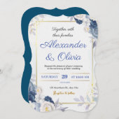 青と金ゴールドのフローラ結婚式招待状 招待状 (正面/裏面)