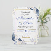 青と金ゴールドのフローラ結婚式招待状 招待状 (スタンド正面)